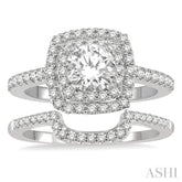 1 1/2 ctw Diamond Wedding Set With 1 1/3 ct Twin Halo 3/4 ct Round Cut Center Stone Engagement Ring and 1/4 ct Wedding Band in 14K White Gold